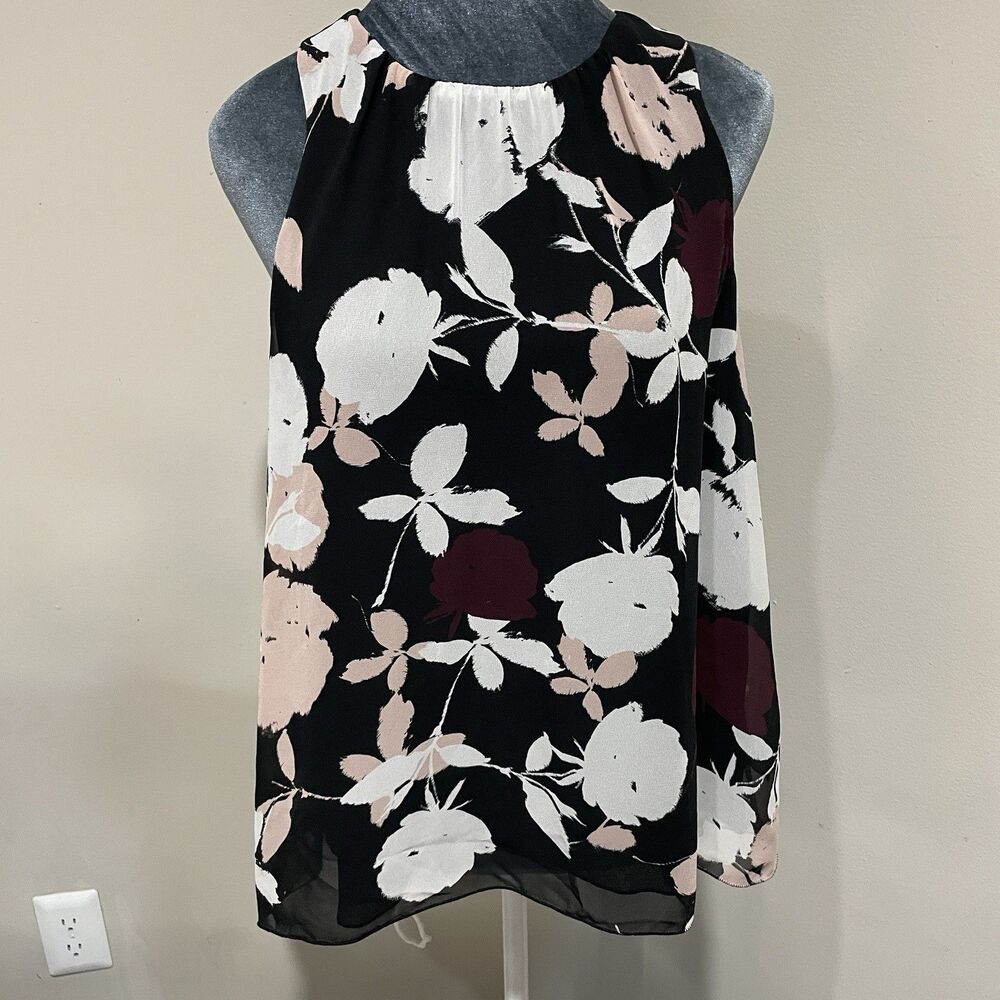 Vince Camuto Black Floral Sleeveless Top Blouse Size PM Lined